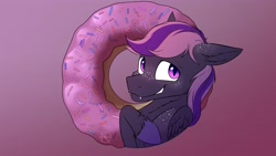 Size: 4000x2250 | Tagged: safe, artist:klarapl, derpibooru import, oc, oc only, pony, bust, donut, fangs, food, freckles, looking at you, smiling, smiling at you, solo