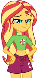 Size: 1024x2089 | Tagged: safe, artist:emeraldblast63, derpibooru import, sunset shimmer, human, equestria girls, aquamarine eyes, belly button, board shorts, clothes, clothes swap, female, hands on hip, happy, lidded eyes, lifeguard, long hair, looking at you, midriff, multicolored hair, sassy, shorts, simple background, smiling, solo, swimsuit, swimsuit swap, tomboy, transparent background, vector, yellow skin