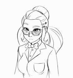 Size: 938x1001 | Tagged: artist needed, safe, derpibooru import, sugarcoat, equestria girls, clothes, crystal prep academy uniform, female, glasses, monochrome, pigtails, raised eyebrow, school uniform, simple background, sketch, solo, twintails, white background