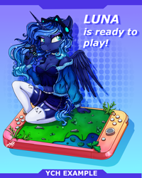 Size: 2000x2500 | Tagged: safe, artist:stainedglasslh, artist:stainedglasslighthea, derpibooru import, princess luna, alicorn, anthro, belly button, cat socks, choker, clothes, commission, female, gamer luna, headphones, hoodie, mare, midriff, nintendo, nintendo switch, shorts, sitting, socks, solo, stockings, tanktop, thigh highs, ych example, your character here