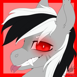Size: 768x768 | Tagged: safe, alternate version, artist:dragonwithcoffee, derpibooru import, oc, oc:stormdancer, bat pony, undead, vampire, vampony, bat pony oc, bust, cute, dark form tier 2, fangs, forked tongue, grin, portrait, red eyes, smiling, tongue, tongue out