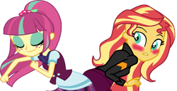 Size: 1409x720 | Tagged: safe, artist:gmaplay, derpibooru import, sour sweet, sunset shimmer, equestria girls, blushing, butt touch, female, lesbian, shipping, sourshimmer