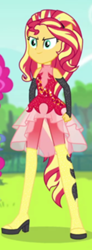 Size: 350x947 | Tagged: safe, derpibooru import, screencap, pinkie pie, sunset shimmer, cheer you on, equestria girls, spoiler:eqg series (season 2), >:), alternate hairstyle, boots, clothes, cropped, dress, fingerless gloves, gloves, pony ears, skirt, sleeveless, spiked headband