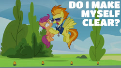 Size: 1280x720 | Tagged: safe, derpibooru import, edit, edited screencap, editor:quoterific, screencap, scootaloo, spitfire, pegasus, pony, season 8, the washouts (episode), spoiler:s08, abuse, bitchfire, duo, duo female, female, filly, flying, mare, open mouth, scootabuse, sunglasses, whistle, whistle necklace