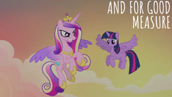 Size: 1280x720 | Tagged: safe, derpibooru import, edit, edited screencap, editor:quoterific, screencap, princess cadance, twilight sparkle, twilight sparkle (alicorn), alicorn, pony, season 4, three's a crowd, crown, duo, duo female, female, flying, jewelry, mare, open mouth, regalia, sisters-in-law