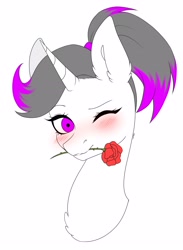 Size: 3043x4162 | Tagged: safe, artist:torihime, derpibooru import, oc, oc only, oc:hazel radiate, pony, unicorn, blushing, bust, colored, ear fluff, ears, eyebrows, eyelashes, female, flat colors, flower, flower in mouth, high res, highlights, horn, looking at you, mare, mouth hold, nostrils, one eye closed, ponytail, portrait, rose, rose in mouth, simple background, solo, unicorn oc, white background, wink, winking at you