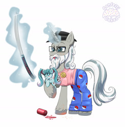 Size: 1600x1630 | Tagged: safe, artist:confetticakez, derpibooru import, star swirl the bearded, pony, unicorn, atg 2021, cheetos, clothes, discord (program), fedora, glasses, hat, hatsune miku, jeans, katana, kotobukiya, kotobukiya hatsune miku pony, levitation, magic, male, meme, mountain dew, neckbeard, newbie artist training grounds, pajamas, pants, plushie, pokéball, pokémon, ponified, shirt, simple background, solo, stallion, sword, t-shirt, telekinesis, trollface, vocaloid, weapon, weeaboo, white background