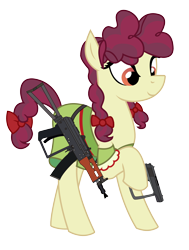 Size: 1864x2464 | Tagged: safe, alternate version, artist:three uncle, derpibooru import, hilly hooffield, earth pony, pony, the hooffields and mccolts, ak, aks-74u, assault rifle, background pony, bow, clothes, female, gun, hair bow, handgun, hooffield family, mare, pigtails, pistol, pose, rifle, simple background, smiling, solo, vector, weapon
