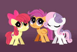 Size: 1000x683 | Tagged: safe, artist:sugar morning, derpibooru import, apple bloom, scootaloo, sweetie belle, earth pony, pegasus, pony, unicorn, animated, blinking, bow, cutie mark crusaders, female, filly, gif, mare, older, older apple bloom, older cmc, older scootaloo, older sweetie belle, simple background, standing, trio, trio female