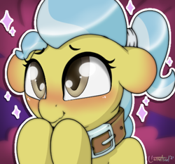 Size: 512x478 | Tagged: safe, artist:llametsul, derpibooru import, doctor fauna, earth pony, pony, atg 2021, blushing, collar, cute, dog collar, female, looking up, mare, newbie artist training grounds, signature, solo, sparkles, sticker