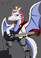 Size: 2480x3508 | Tagged: safe, derpibooru import, oc, oc only, oc:alika rex, dragon, bass guitar, clothes, crown, dragon oc, dragoness, female, high res, horns, jewelry, looking at you, mantle, musical instrument, regalia, request, simple background, solo, stockings, thigh highs, wings
