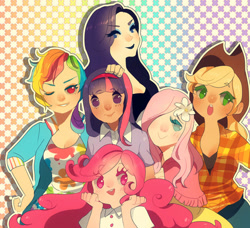 Size: 900x820 | Tagged: safe, artist:ame-nii, derpibooru import, applejack, fluttershy, pinkie pie, rainbow dash, rarity, twilight sparkle, human, cute, female, humanized, looking at you, mane six, no pupils, one eye closed, smiling, wink