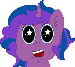 Size: 1484x1334 | Tagged: safe, artist:eminent entropy, derpibooru exclusive, derpibooru import, oc, oc only, oc:stellar trace, pony, unicorn, atg 2021, bust, emote, emotes, emoticon, excited, looking at you, newbie artist training grounds, portrait, simple background, smiling, solo, starry eyes, transparent background, wingding eyes