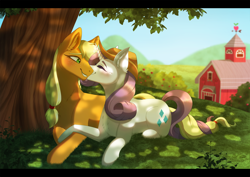 Size: 2048x1453 | Tagged: safe, artist:_ladybanshee_, derpibooru import, applejack, rarity, earth pony, pony, unicorn, accessory swap, applejack's hat, clothes, commission, commissioner:raritybro, couple, cowboy hat, cute, dappled sunlight, female, grass, hat, intertwined tails, lesbian, mare, nature, nuzzles, nuzzling, orchard, outdoors, prone, rarijack, romantic, ship, shipping, sweet apple acres, tail, tree