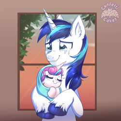 Size: 4000x4000 | Tagged: safe, artist:confetticakez, derpibooru import, princess flurry heart, shining armor, alicorn, pony, unicorn, absurd resolution, atg 2021, baby, baby pony, best dad ever, crying, cute, duo, ear fluff, ears, eyes closed, father and child, father and daughter, female, filly, flurrybetes, foal, hnnng, holding a pony, liquid pride, male, newbie artist training grounds, parent and child, shining adorable, smiling, stallion, swaddled, swaddled baby, swaddling, tears of joy, weapons-grade cute, window, wrapped snugly