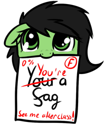 Size: 633x757 | Tagged: safe, artist:neuro, edit, editor:edits of hate, editor:unofficial edits thread, ponerpics import, oc, oc only, oc:anon filly, earth pony, pony, faggot, female, filly, intentional spelling error, looking at you, mouth hold, paper, scp foundation, scp-3562, simple background, slur, solo, text, transparent background, vulgar