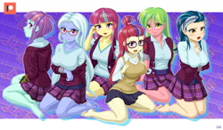 Size: 1600x935 | Tagged: safe, artist:uotapo, indigo zap, lemon zest, moondancer, sour sweet, sugarcoat, sunny flare, equestria girls, balloondancer, barefoot, blushing, breasts, busty indigo zap, cleavage, clothes, crystal prep academy uniform, equestria girls-ified, eyeshadow, feet, female, glasses, looking at you, loose hair, makeup, open mouth, school uniform, shadow five, shirt, skirt, snaggletooth, sour suika, sugarcones, sweater vest, topknot