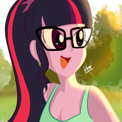 Size: 1181x1181 | Tagged: safe, artist:kotani2010, derpibooru import, sci-twi, twilight sparkle, equestria girls, bare shoulders, breasts, cleavage, clothes, female, glasses, grass, open mouth, open smile, signature, sleeveless, smiling, solo, tanktop, tree