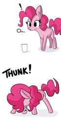 Size: 3000x6000 | Tagged: safe, artist:tjpones, derpibooru import, pinkie pie, earth pony, pony, absurd resolution, behaving like a cat, cartoon physics, comic, exclamation point, female, glass, mare, missing cutie mark, onomatopoeia, pinkie being pinkie, pinkie physics, silly, simple background, solo, white background