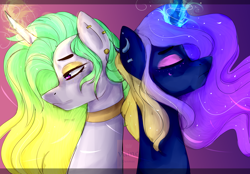 Size: 2500x1740 | Tagged: safe, derpibooru import, princess cadance, princess celestia, princess luna, alternate hairstyle, cute, drawing, duo, ear piercing, earring, eyes closed, fanart, jewelry, magic, mylittlepony, piercing, royal sisters, shadow, siblings, simple background, sisters