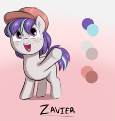 Size: 2120x2232 | Tagged: safe, artist:heretichesh, derpibooru import, oc, oc:zavier, cap, colored, colt, freckles, hat, male, reference sheet, simple background, smiling, waving at you