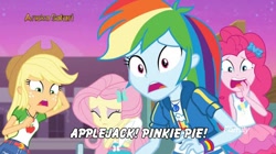 Size: 1282x720 | Tagged: safe, derpibooru import, edit, edited screencap, screencap, applejack, fluttershy, pinkie pie, rainbow dash, better together, equestria girls, forgotten friendship, aneka safari records, discovery family logo, drama, geode of sugar bombs, geode of super speed, geode of super strength, magical geodes, scared, subtitles