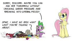 Size: 1800x1034 | Tagged: safe, artist:chopsticks, derpibooru import, discord, fluttershy, spike, draconequus, dragon, pegasus, pony, atg 2021, blatant lies, broom, cheek fluff, chest fluff, cute, denial, dialogue, ear fluff, ears, fangs, female, implied discoshy, implied shipping, implied straight, male, mare, modular, newbie artist training grounds, oblivious, pun, stray strand, tallershy, text, unshorn fetlocks, visual pun, winged spike