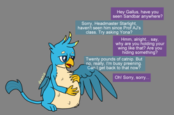 Size: 1270x844 | Tagged: safe, artist:dzamie, derpibooru import, gallus, griffon, colored, digital art, griffons doing griffon things, implied sandbar, implied starlight glimmer, male, male pred, offscreen character, same size vore, solo, vore