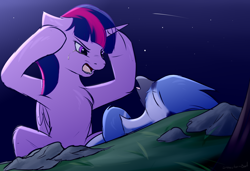 Size: 2100x1440 | Tagged: safe, artist:snowstormbat, derpibooru import, twilight sparkle, twilight sparkle (alicorn), alicorn, pony, crossover, crossover shipping, eyes closed, female, invincible, lying down, male, meme, mordecai, mordetwi, my little pony, on back, open mouth, redraw mordetwi meme, regular show, think mark