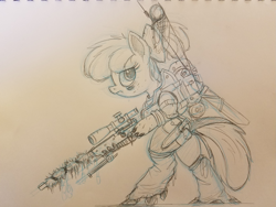 Size: 1333x1000 | Tagged: safe, artist:ncmares, derpibooru import, apple bloom, cyborg, earth pony, pony, fanfic:night mares, black and white, fanfic, fanfic art, female, filly, grayscale, gun, hooves, monochrome, optical sight, rifle, sketch, sniper, sniper rifle, solo, weapon