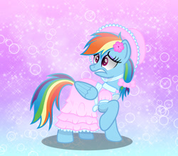 Size: 1250x1100 | Tagged: safe, artist:spellboundcanvas, derpibooru import, rainbow dash, pegasus, pony, bonnet, bow, bowtie, clothes, dress, flower, flower in hair, frilly dress, hair bow, paranoid, petticoat, rainbow dash always dresses in style, scared, sissy, solo