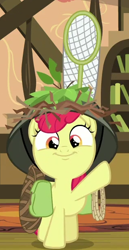 Size: 316x613 | Tagged: safe, derpibooru import, screencap, apple bloom, going to seed, season 9, spoiler:s09, adorabloom, bag, bags, butterfly net, cropped, cute, female, filly, helmet, looking at you, net, rope, saddle bag, smiling, solo