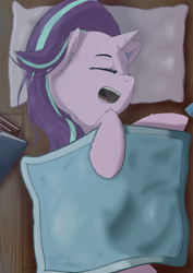 Size: 2894x4093 | Tagged: safe, artist:闪电_lightning, derpibooru import, starlight glimmer, pony, unicorn, blanket, pillow, sleeping, solo