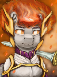 Size: 724x974 | Tagged: safe, artist:tekggd, derpibooru import, commander hurricane, pegasus, pony, equestria at war mod, armor, bust, clothes, fire, portrait, solar empire, solo