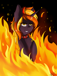 Size: 1504x1989 | Tagged: safe, artist:yuris, derpibooru import, oc, oc only, oc:java, demon, demon pony, pony, unicorn, collar, fire, horns, smiling, solo