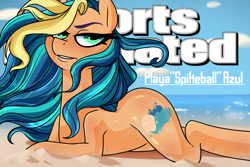 Size: 1080x720 | Tagged: safe, artist:pixxpal, derpibooru import, oc, oc only, oc:playa "spikeball" azul, earth pony, pony, 2017, beach, bedroom eyes, cloud, draw me like one of your french girls, female, flank, lying down, magazine, mare, ocean, pinup, poster, sand, sky, solo, sports illustrated, sports poster