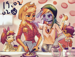 Size: 500x383 | Tagged: safe, artist:卯卯七, derpibooru import, apple bloom, applejack, rainbow dash, scootaloo, anthro, adorabloom, appledash, cute, cutealoo, female, lesbian, shipping