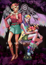 Size: 500x700 | Tagged: source needed, safe, artist:卯卯七, derpibooru import, applejack, rainbow dash, equestria girls, appledash, clothes, converse, engrish, female, lesbian, shipping, shoes, shorts, sneakers