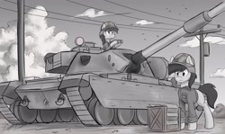 Size: 4096x2438 | Tagged: safe, artist:kaylerustone, derpibooru import, oc, oc only, earth pony, pony, binoculars, box, grayscale, helmet, looking down, looking up, male, map, monochrome, stallion, tank (vehicle)