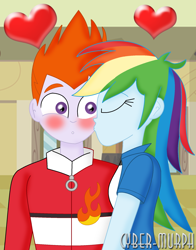 Size: 1580x2016 | Tagged: safe, artist:cyber-murph, derpibooru import, heath burns, rainbow dash, equestria girls, background human, blushing, canterlot high, cute, eyes closed, female, heart, kiss on the cheek, kissing, male, rainbowburns, shipping, signature, straight