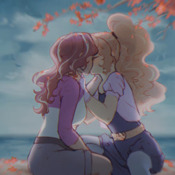 Size: 2000x2000 | Tagged: safe, artist:stummm, derpibooru import, adagio dazzle, sunset shimmer, equestria girls, blushing, female, kissing, lesbian, ponytail, shipping, sky, sky background, sunsagio, tree branch