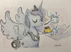 Size: 1024x755 | Tagged: safe, artist:nendo, derpibooru import, princess luna, alicorn, pony, eating, flan, food, levitation, magic, majestic as fuck, pudding, solo, spoon, telekinesis