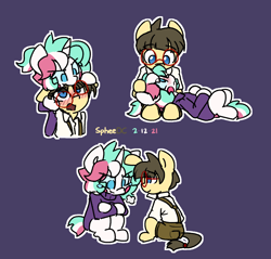 Size: 926x884 | Tagged: safe, artist:spheedc, derpibooru import, oc, oc only, oc:cotton sweets, oc:sphee, earth pony, unicorn, clothes, digital art, glasses, head pat, nom, pat, rule 63, simple background