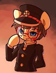 Size: 575x747 | Tagged: safe, artist:spheedc, derpibooru import, oc, oc only, oc:sphee, earth pony, semi-anthro, clothes, cosplay, costume, digital art, glasses, gradient background, grin, rule 63, smiling, toilet-bound hanako-kun