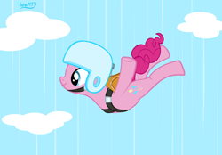 Size: 4478x3118 | Tagged: safe, artist:ironm17, derpibooru import, pinkie pie, earth pony, pony, female, helmet, high res, mare, skydiving, solo