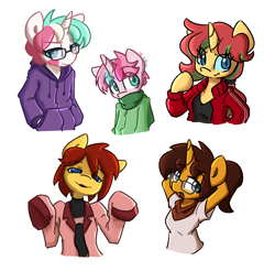 Size: 1418x1396 | Tagged: safe, artist:spheedc, derpibooru import, oc, oc only, oc:ardent moon, oc:cotton sweets, oc:lexie, oc:steffy, oc:tomato sauce, earth pony, semi-anthro, unicorn, clothes, digital art, glasses, rule 63, simple background, white background