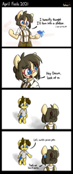 Size: 1700x4000 | Tagged: safe, artist:spheedc, derpibooru import, oc, oc only, oc:dream chaser, oc:sphee, earth pony, semi-anthro, unicorn, age progression, age regression, age swap, april fools, bipedal, clothes, comic, digital art, glasses, poison joke, role reversal, simple background, white background