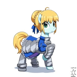 Size: 2000x2000 | Tagged: safe, artist:digiral, derpibooru import, pony, armor, artoria pendragon, fate/stay night, female, guardsmare, mare, ponified, royal guard, saber, simple background, solo, sword, weapon, white background