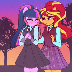 Size: 1280x1280 | Tagged: safe, artist:xjenn9, derpibooru import, sci-twi, sunset shimmer, twilight sparkle, equestria girls, clothes, crying, crystal prep academy uniform, female, glasses off, missing accessory, ponied up, pony ears, school uniform, sketch