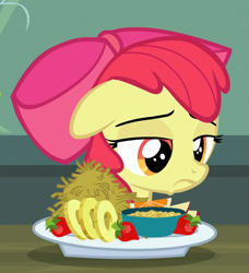 Size: 651x714 | Tagged: safe, derpibooru import, screencap, apple bloom, brotherhooves social, season 5, breakfast, cropped, ears, female, filly, floppy ears, frown, solo